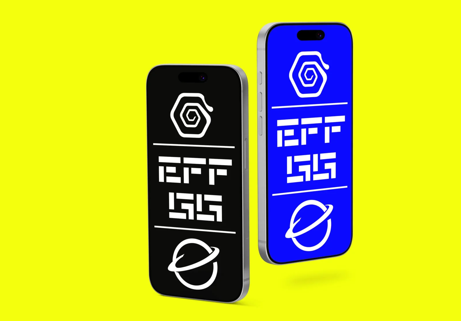 Two floating smartphones with black and blue screen designs on a yellow background