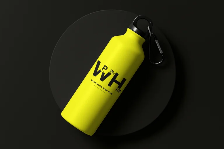 Yellow sports water bottle with a black logo, black cap, and metal carabiner on a dark background