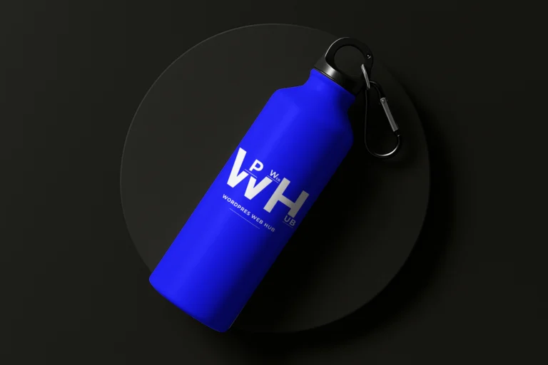 Blue sports water bottle with a white logo, black cap, and metal carabiner on a dark background