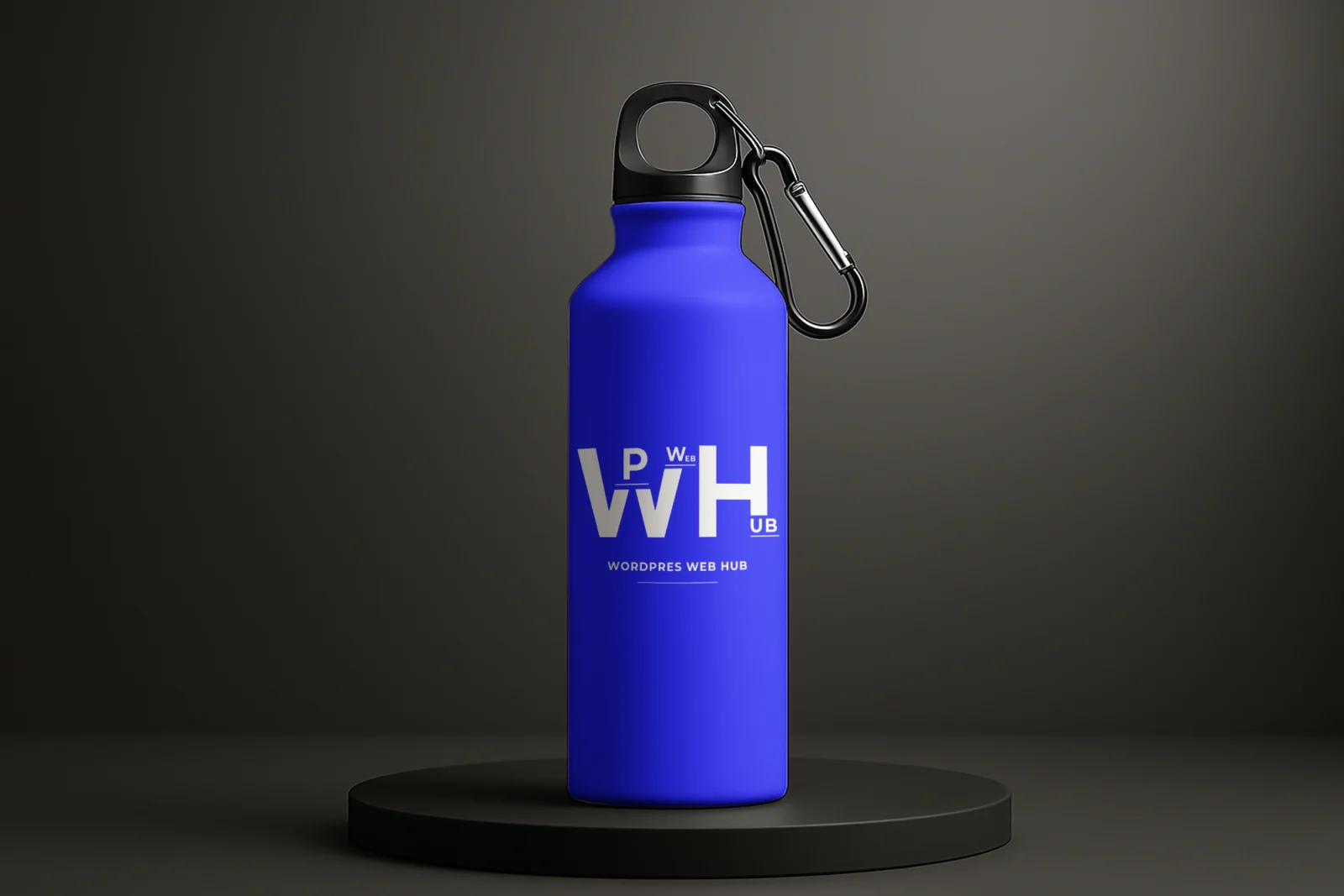 Blue sports water bottle with a white logo, black cap, and carabiner standing on a dark round podium
