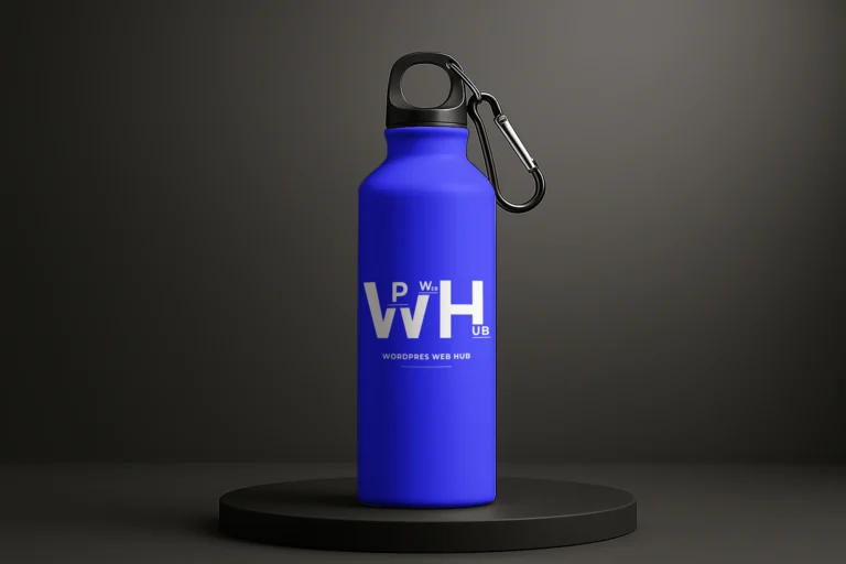 Blue sports water bottle with a white logo, black cap, and carabiner standing on a dark round podium