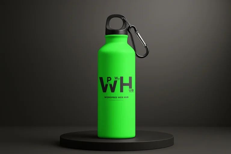 Green sports water bottle with a black logo, black cap, and carabiner standing on a dark round podium