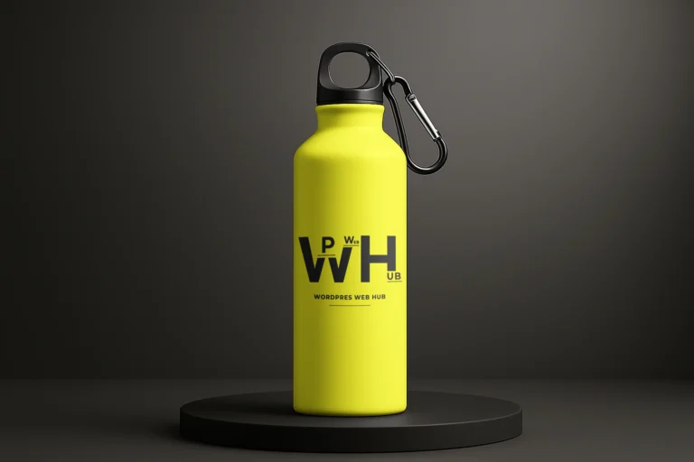 Yellow sports water bottle with a black logo, black cap, and carabiner standing on a dark round podium