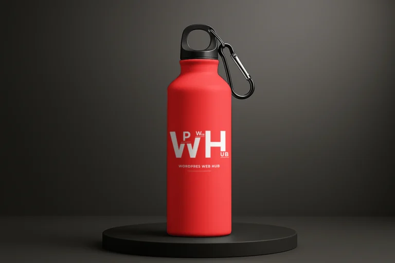 Red sports water bottle with a white logo, black cap, and carabiner standing on a dark round podium