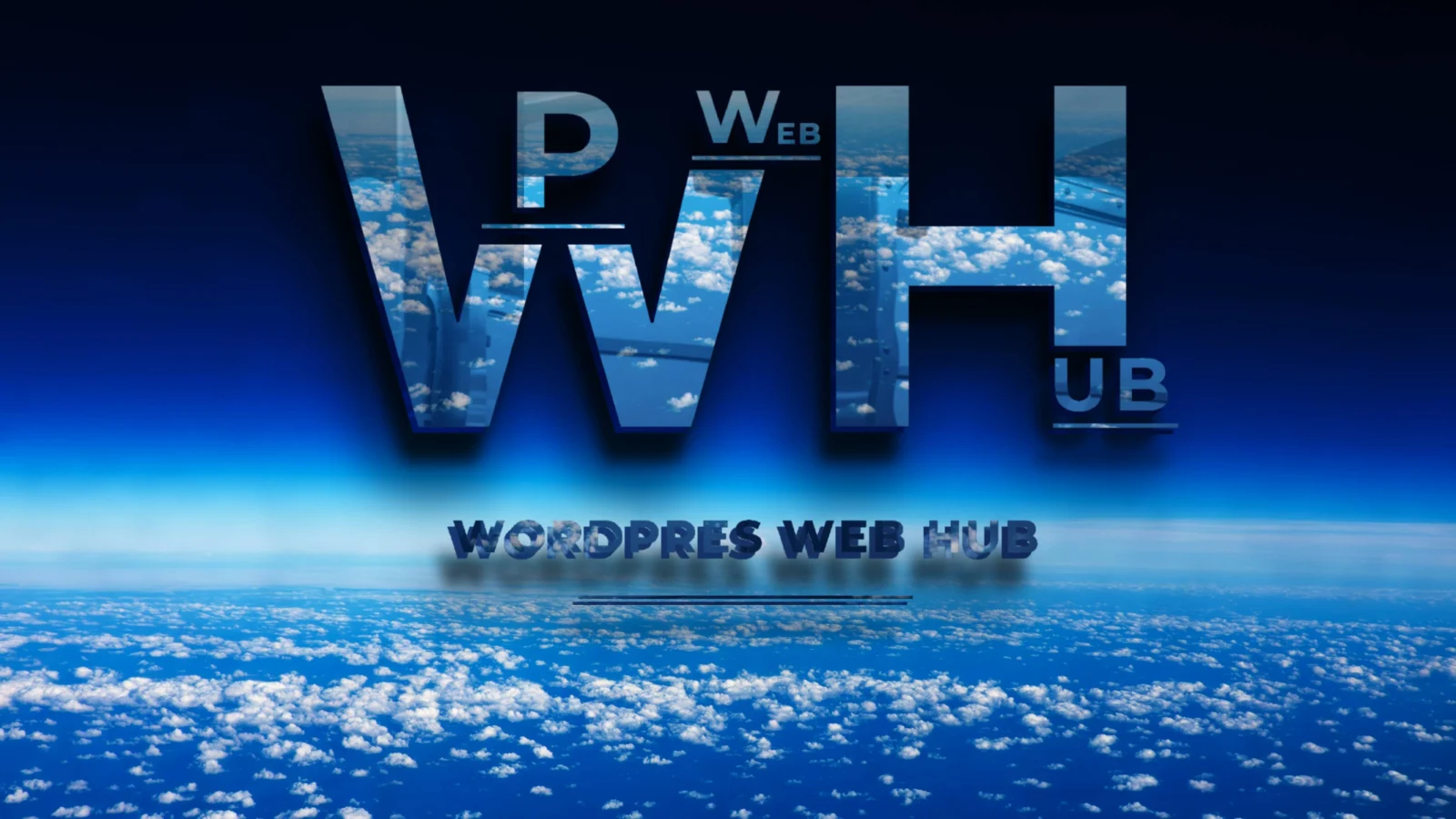 Reflective 3D logo with cloud texture above a dark blue sky