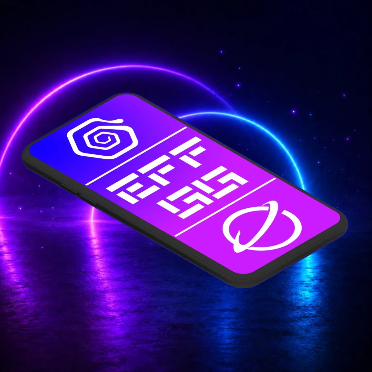 Angled smartphone with a purple screen design in a blue and violet neon scene