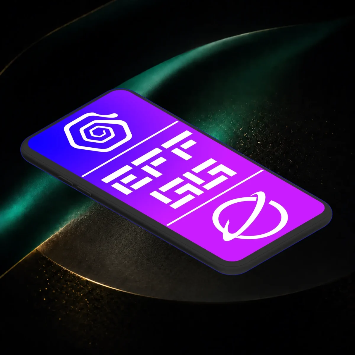 Black angled smartphone with a purple screen design on a dark emerald surface