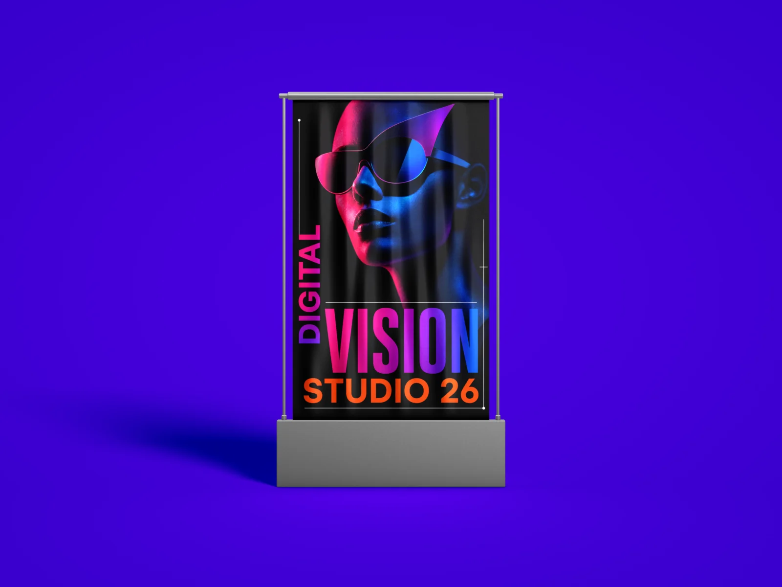 Advertising stand banner mockup with a neon digital vision poster
