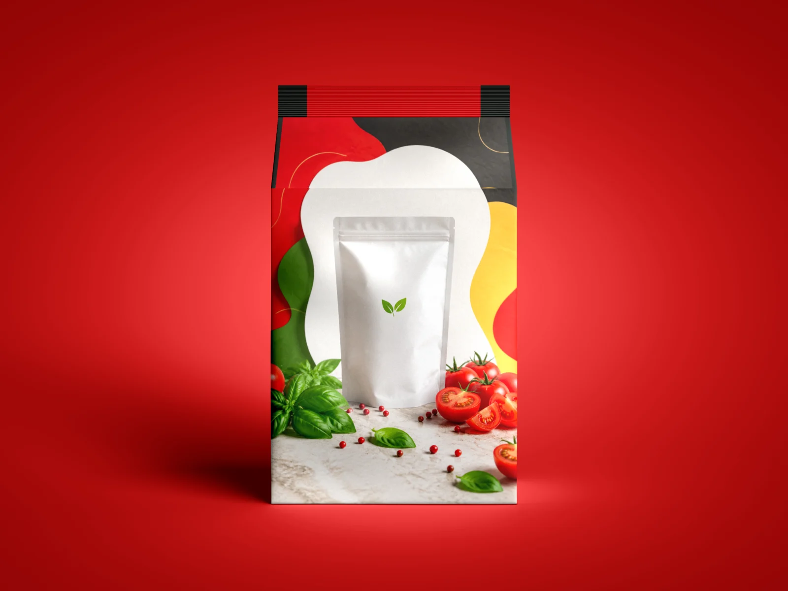 Food pouch packaging mockup with tomatoes and basil on a red background