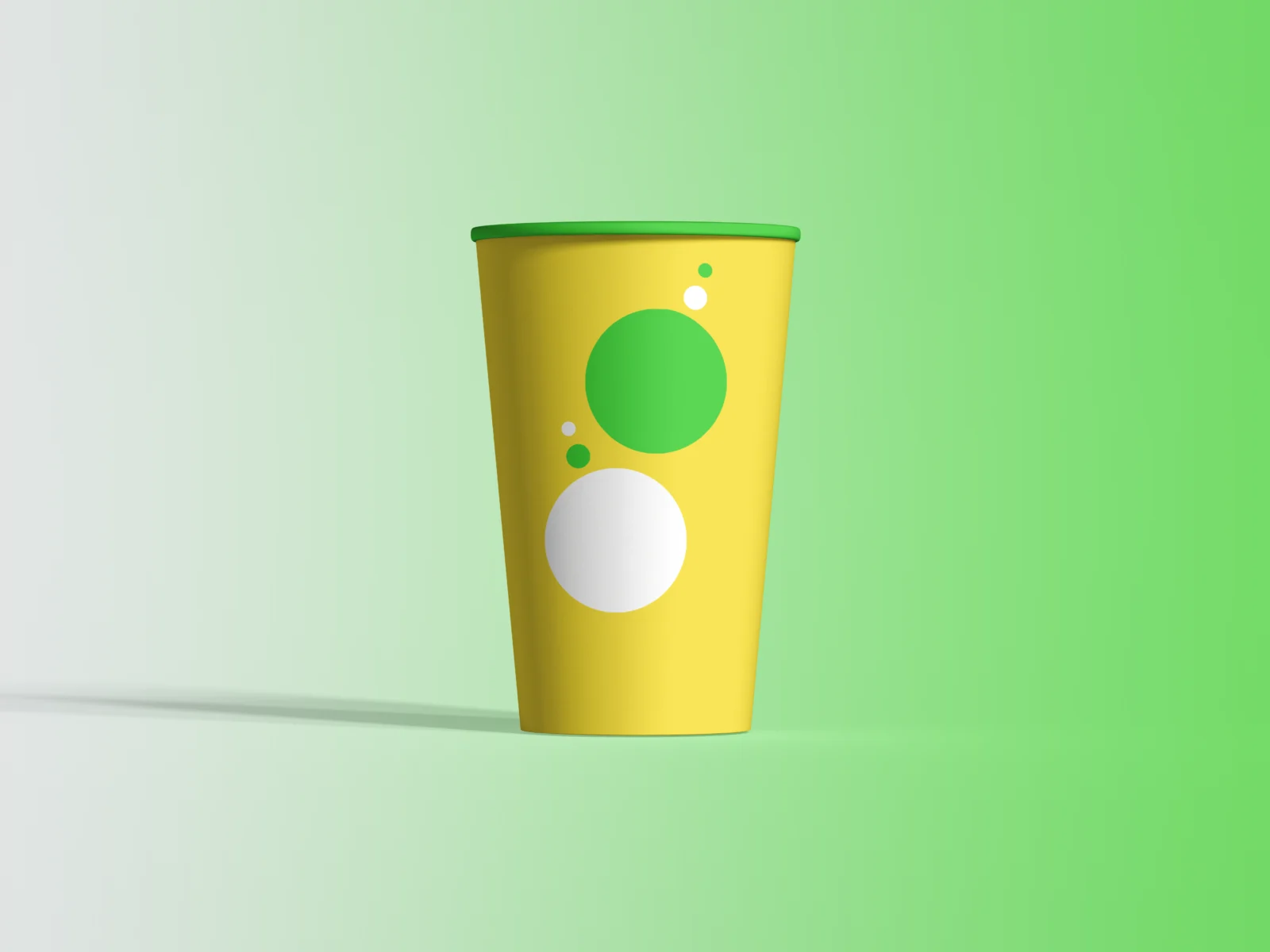 Yellow paper cup mockup with green and white circle design on a green background