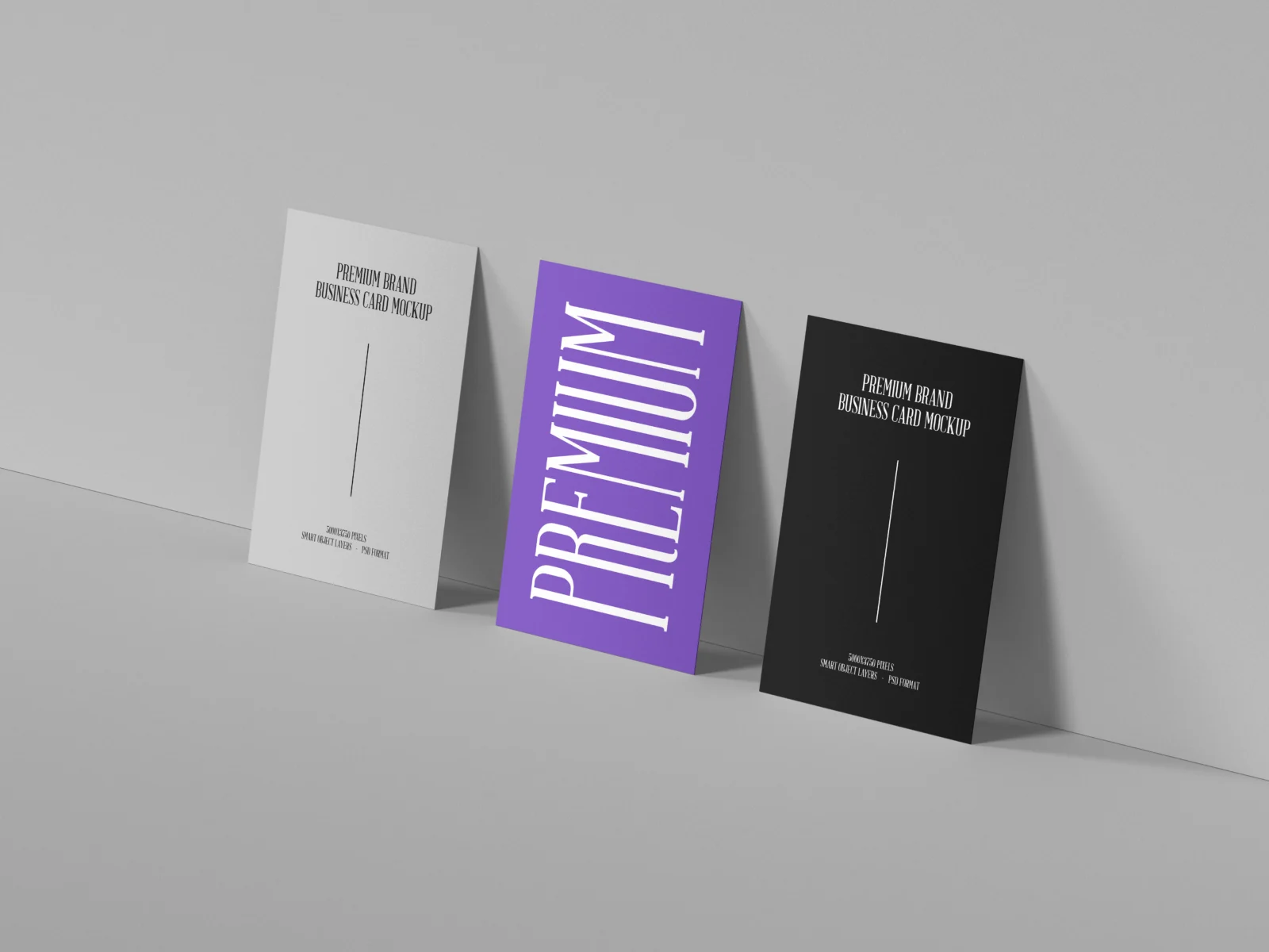 Three vertical business card mockups in white, purple and black on a gray background