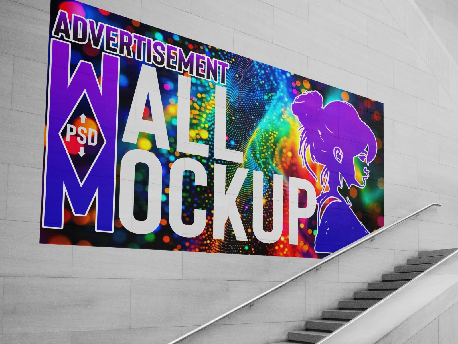 Colorful advertising wall mockup displayed beside an indoor staircase