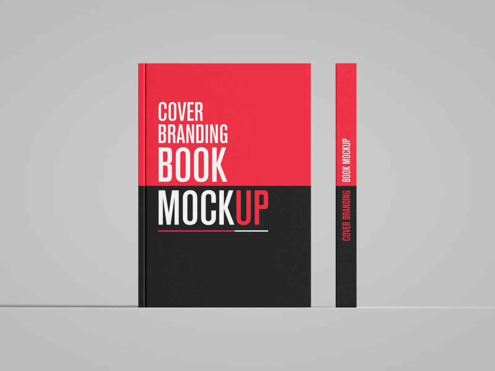 Red and black hardcover book cover and spine mockup on a gray background