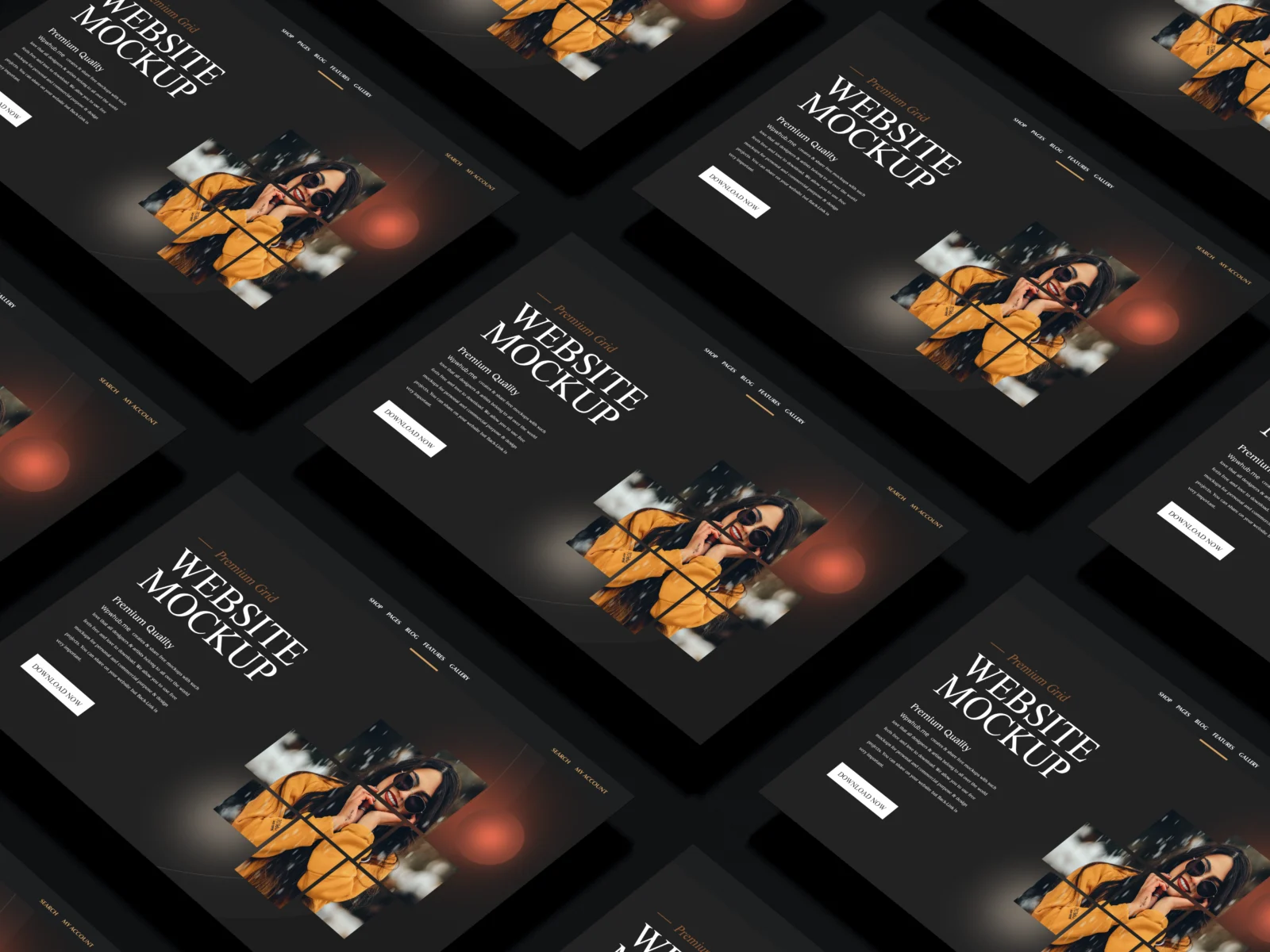 Dark website grid mockup with multiple angled web page screens