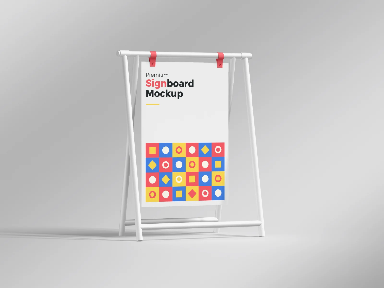 White A-frame signboard mockup with a hanging poster on a gray background