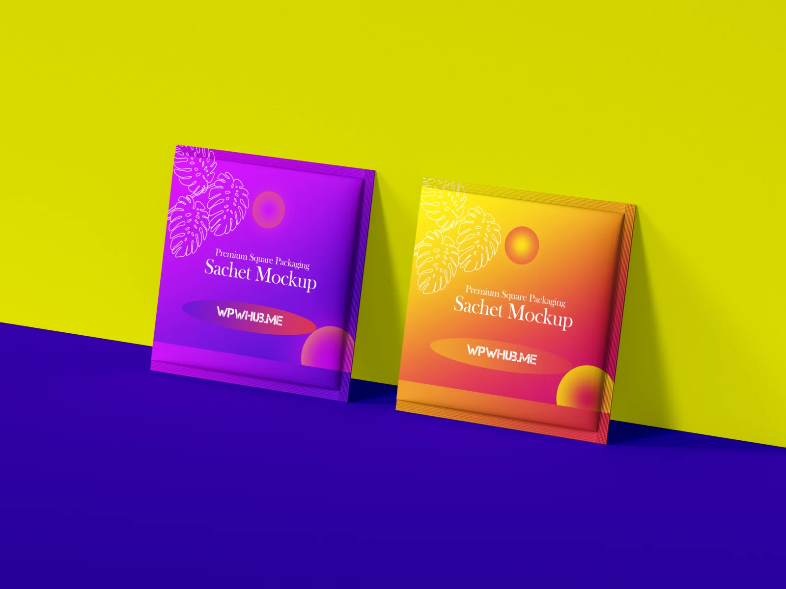 Purple and orange square sachet packaging mockups on a yellow and blue background