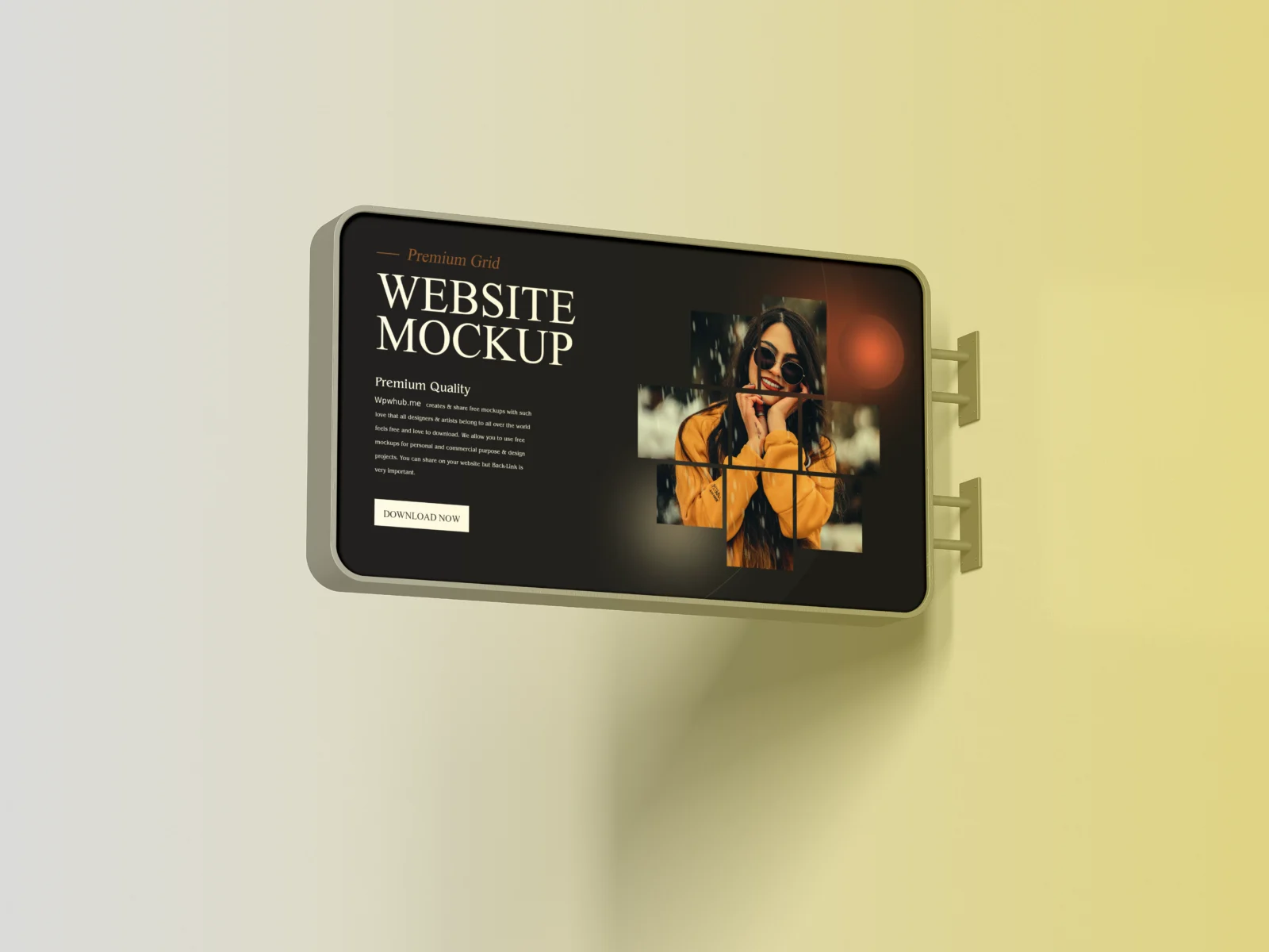 Horizontal rounded wall signage mockup mounted on a yellow wall