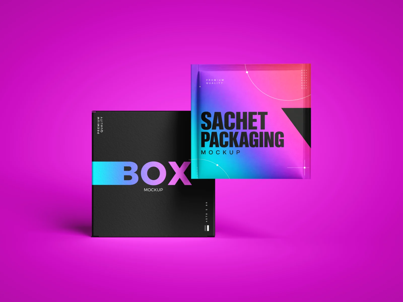 Colorful sachet and black box packaging mockup on a pink background