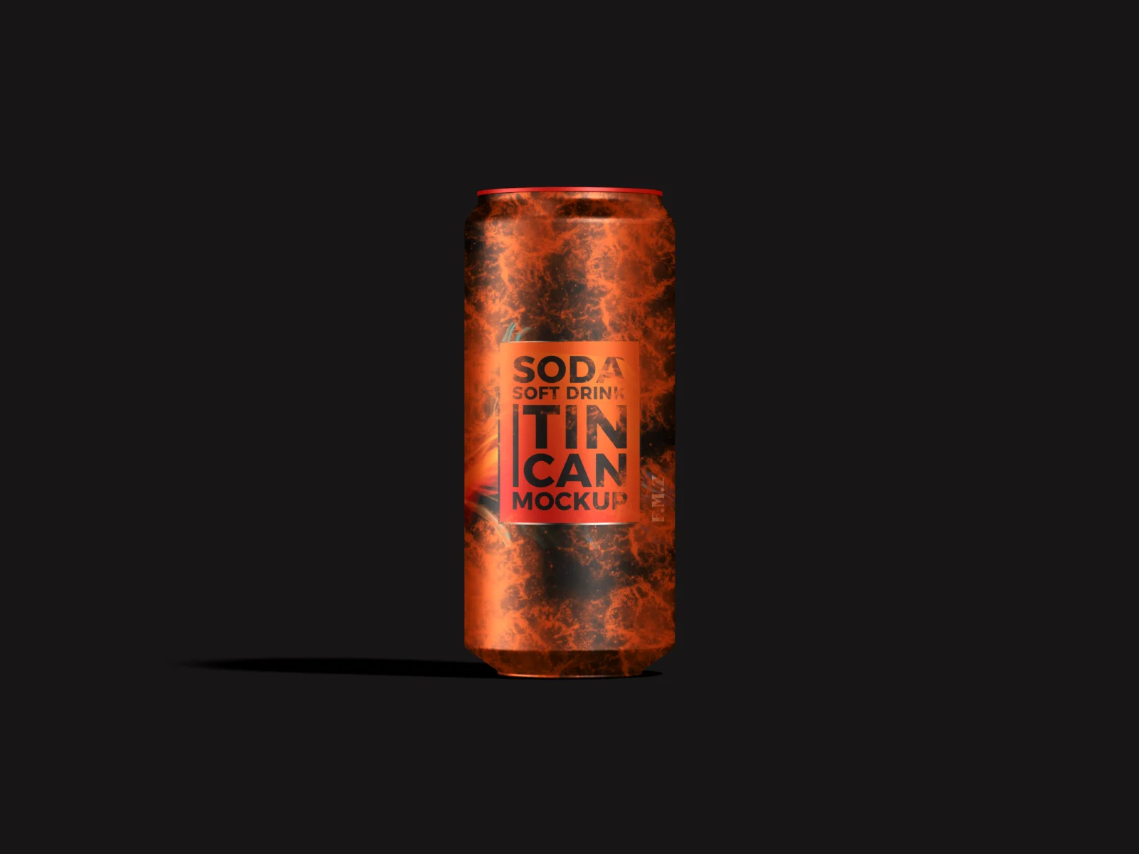 Tall orange soda can packaging mockup on a dark background