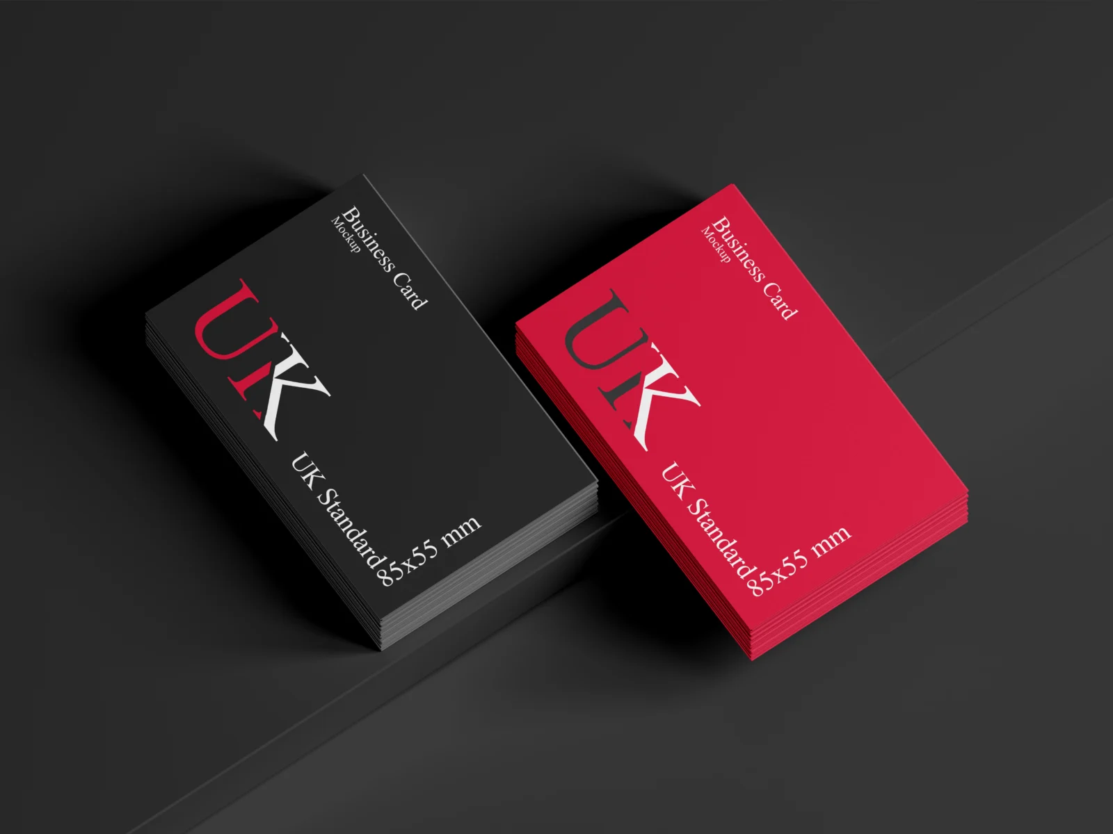 Three vertical business card mockups in white, purple and black on a gray background