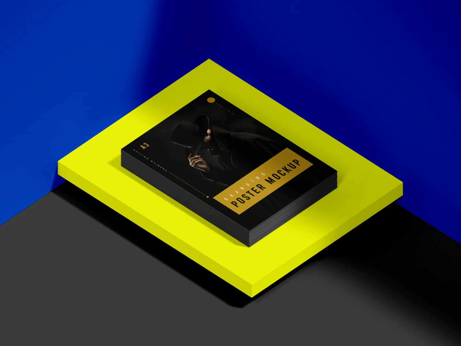 Stack of black A3 poster mockups on a yellow platform against a blue background